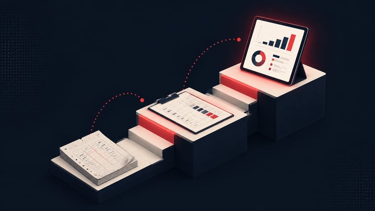Three ascending steps from old paper document to modern tablet, illustrating operational modernization