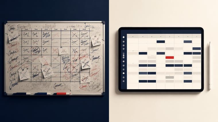 Auto-scheduling board compared with a hand-written whiteboard schedule