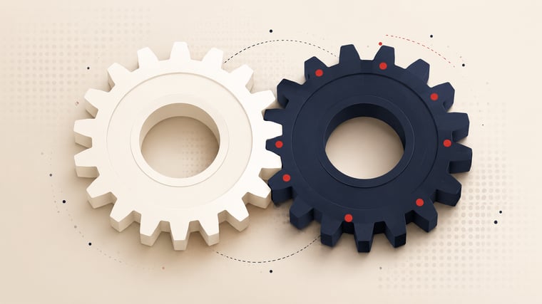 Two interlocking gears illustrating complementary tools