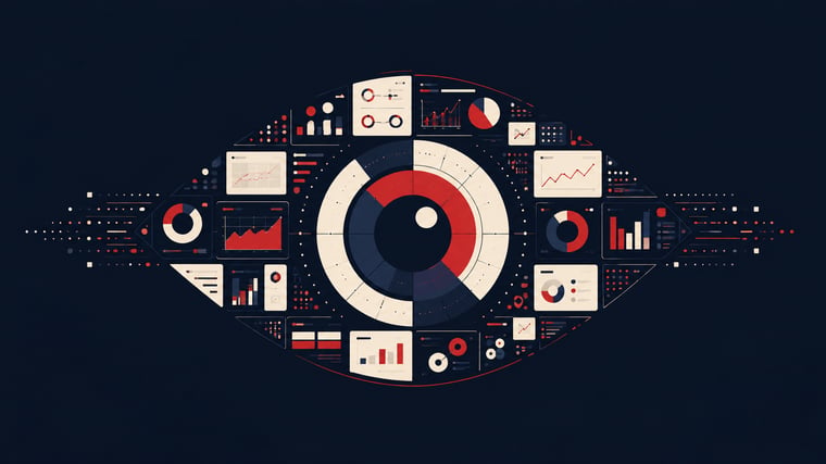 Stylized eye composed of dashboard tiles and data fragments