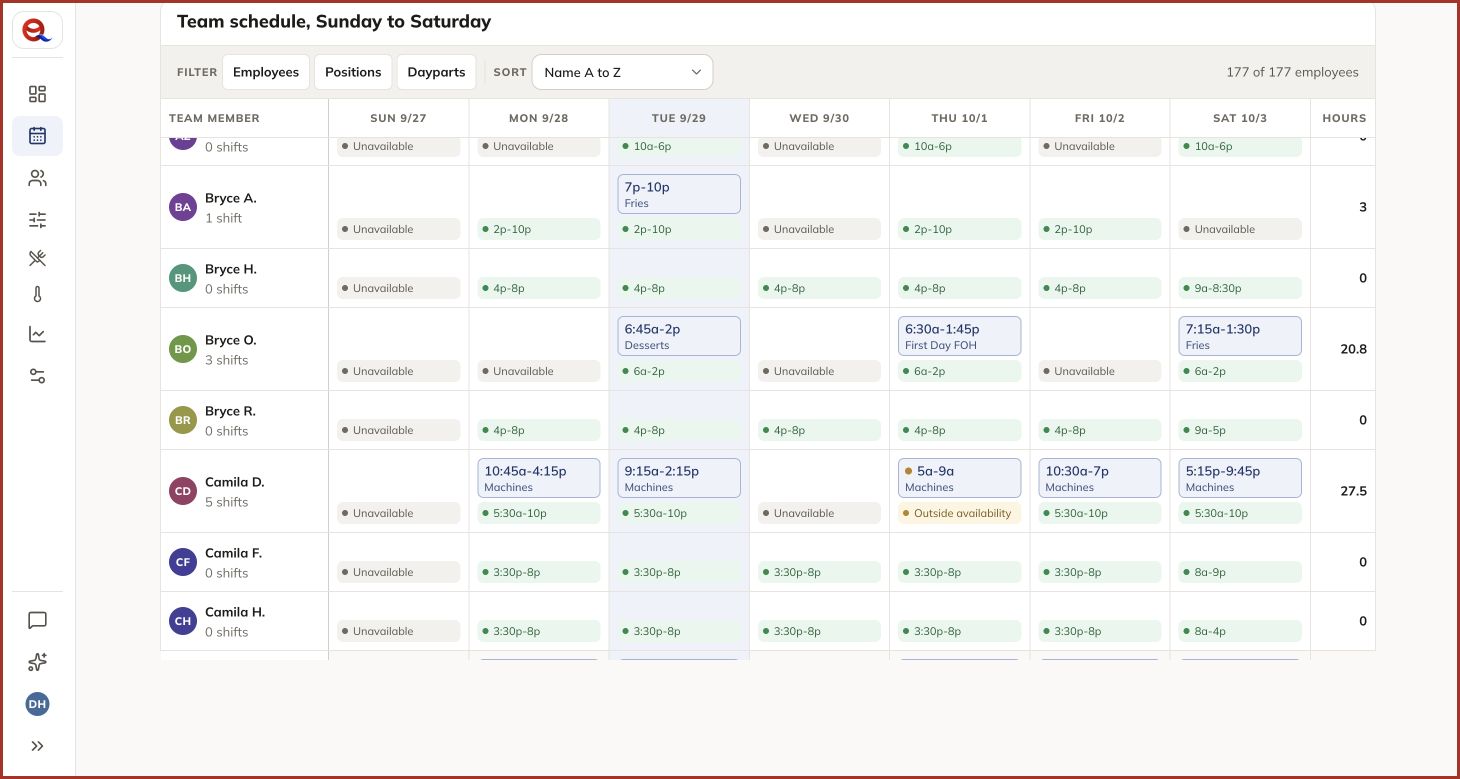 Q weekly schedule showing shifts and availability with first names and last initials